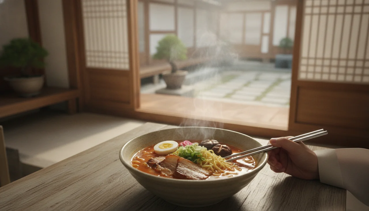 bowl of ramen noodles steaming