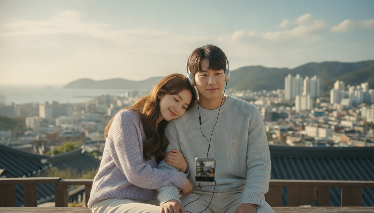 couple sharing headphones