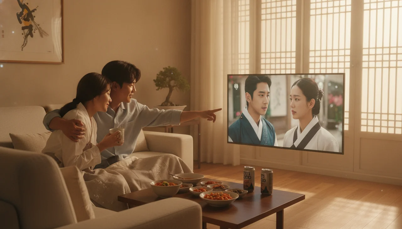 Couple watching K-drama on TV