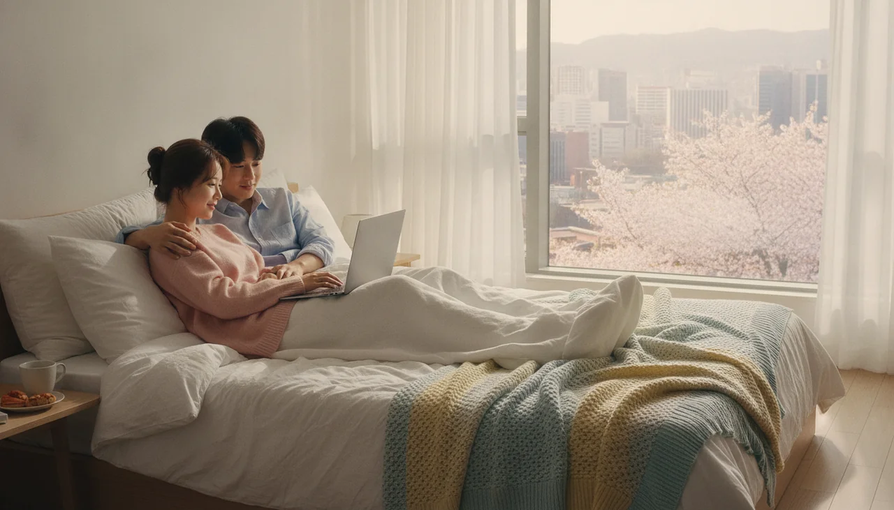 couple watching laptop in bed