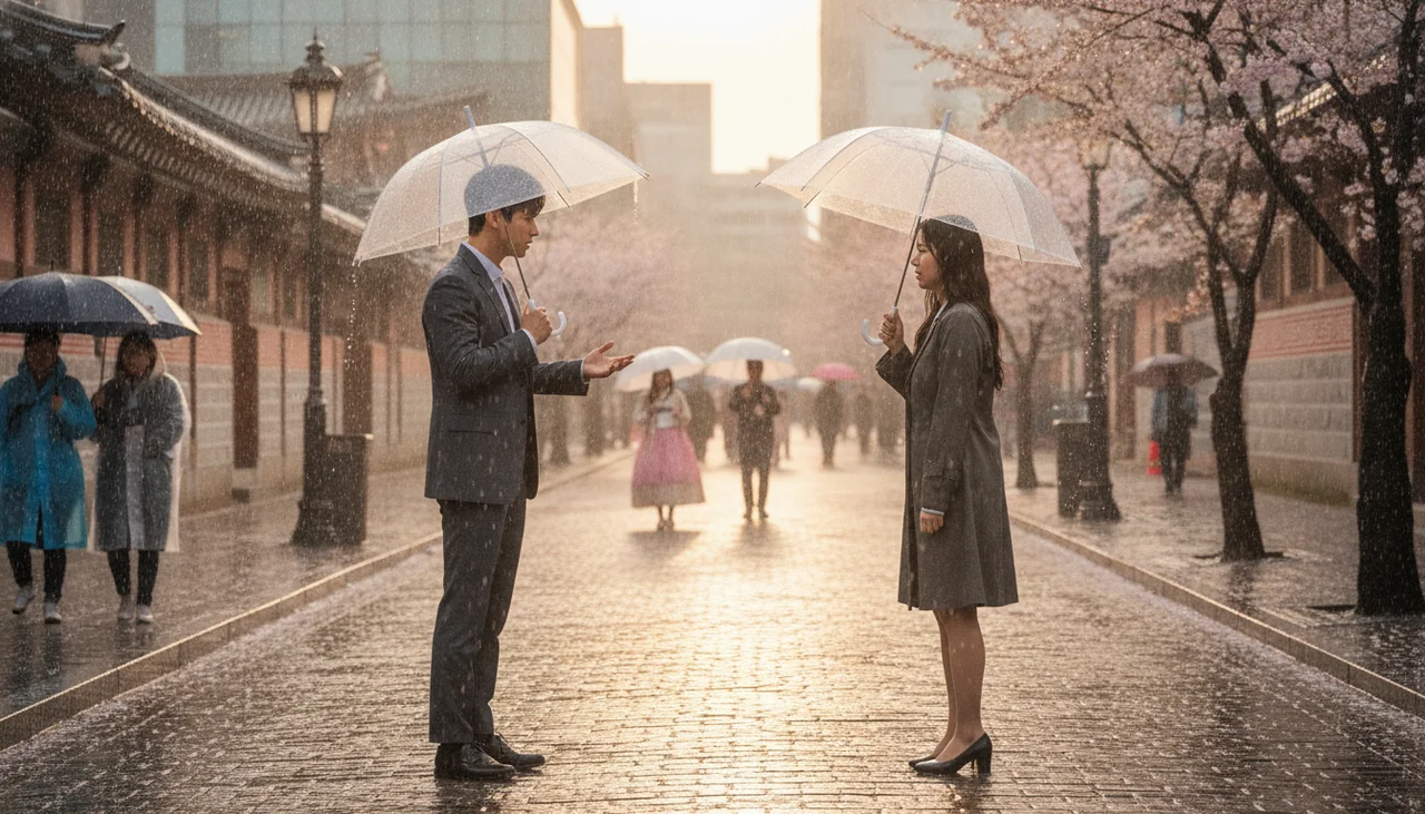 K-drama couple arguing rainy street
