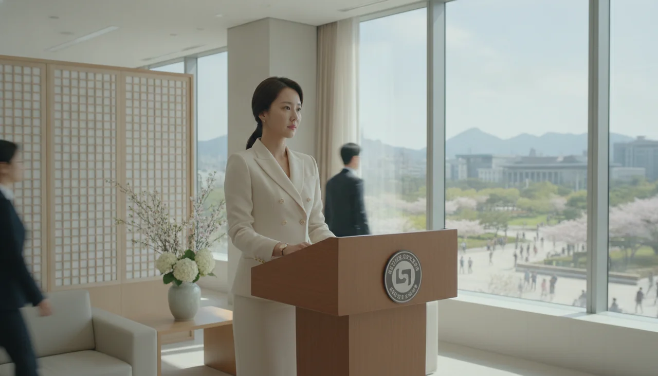 woman in elegant suit in political office