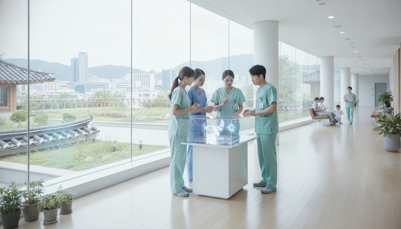 A group of doctors in scrubs discussing a medical case in a modern hospital hallway
