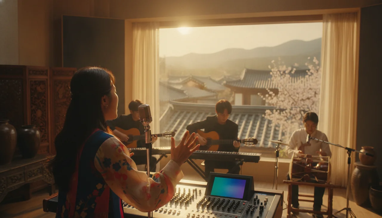 A recording studio with a singer performing into a microphone with musicians in the background
