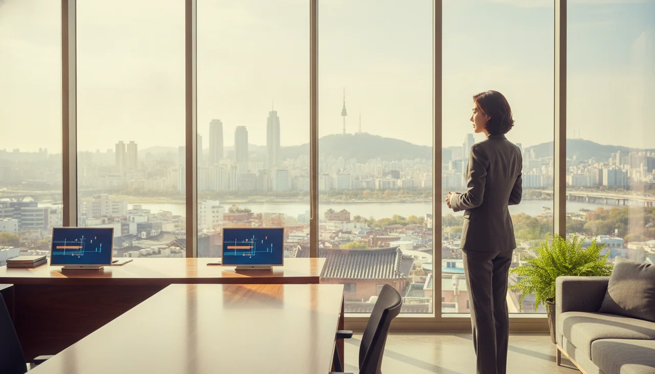 A stylish CEO in a glass-walled office looking determined while overlooking a city skyline