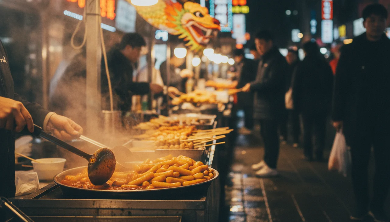 bustling street food market in Seoul at night