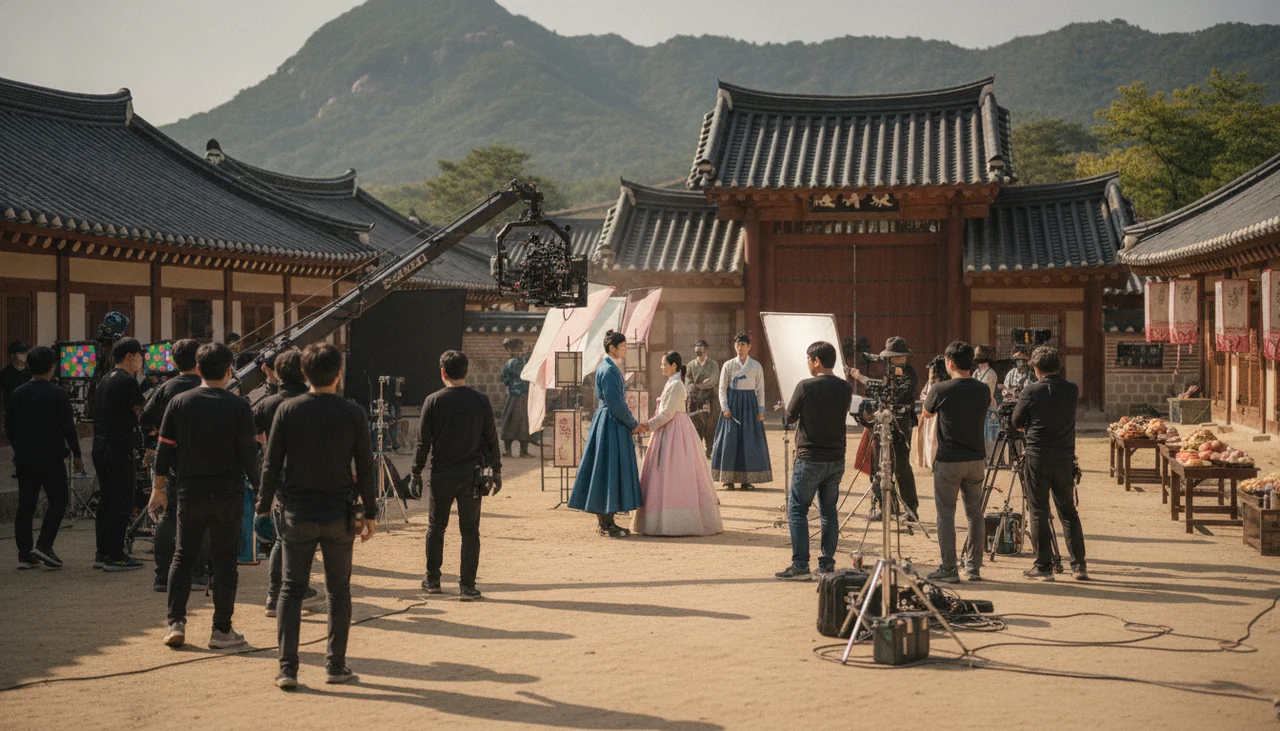 busy K-drama production set with crew