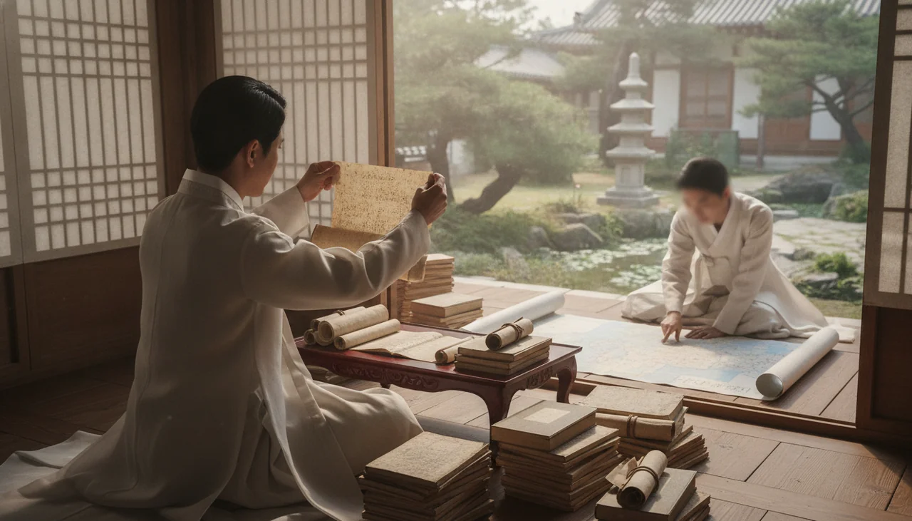 Character examining old documents