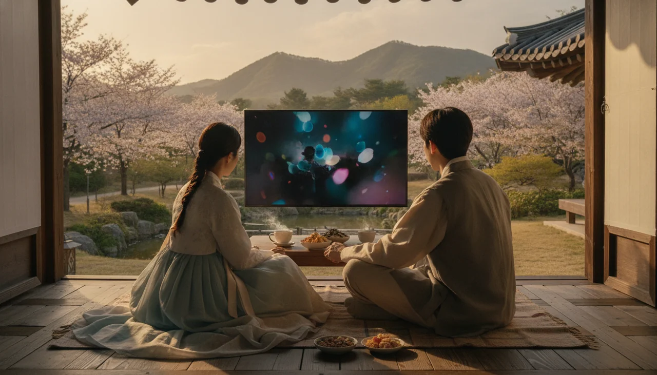 couple watching K-drama on a large TV