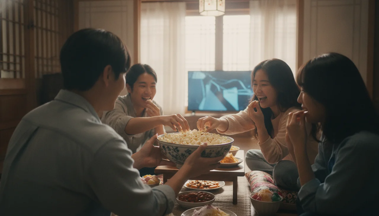 friends sharing popcorn at home