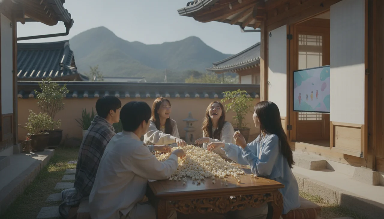 friends sharing popcorn watching K-drama