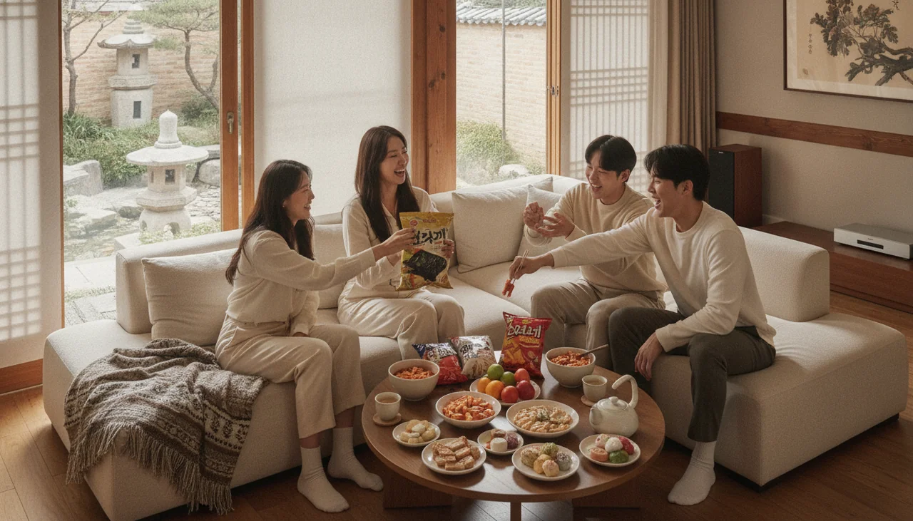 Friends sharing snacks on a couch