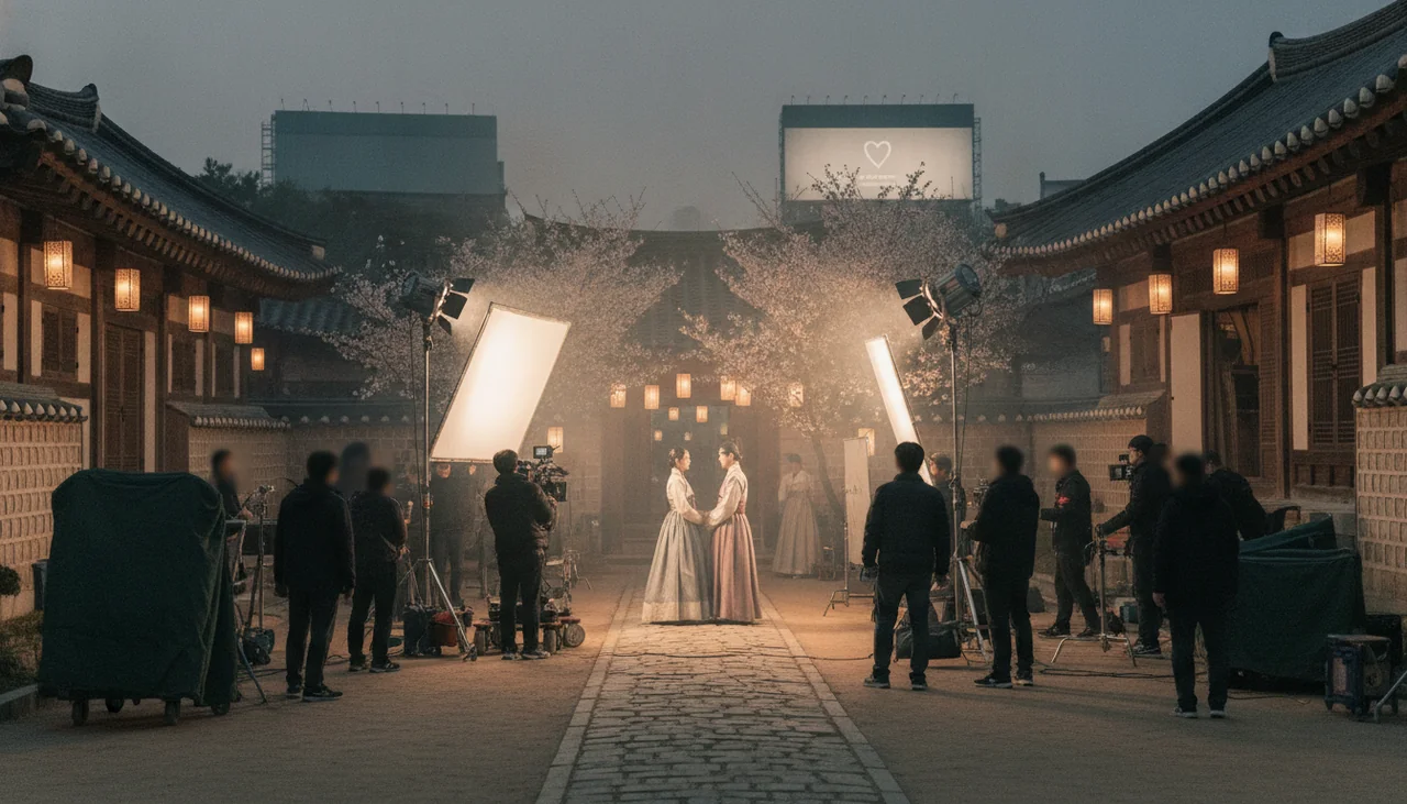 K-drama filming set at night