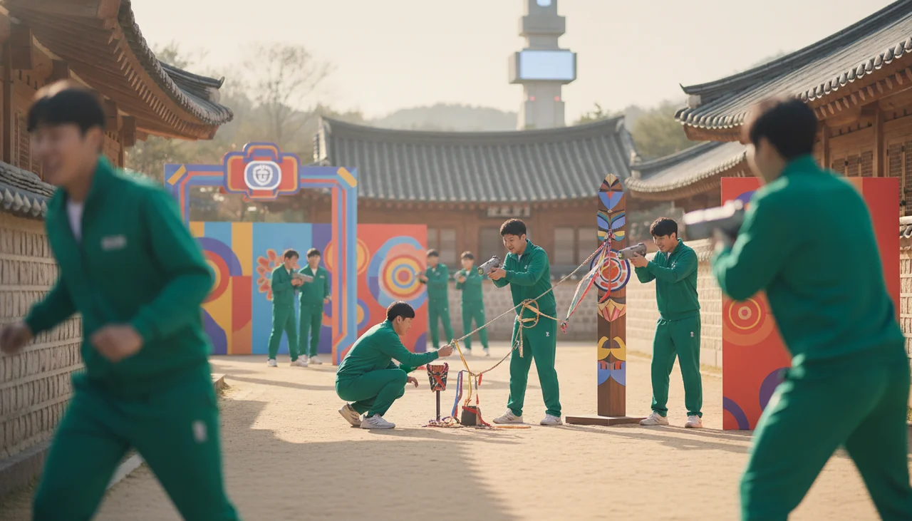 people in green tracksuits playing a survival game