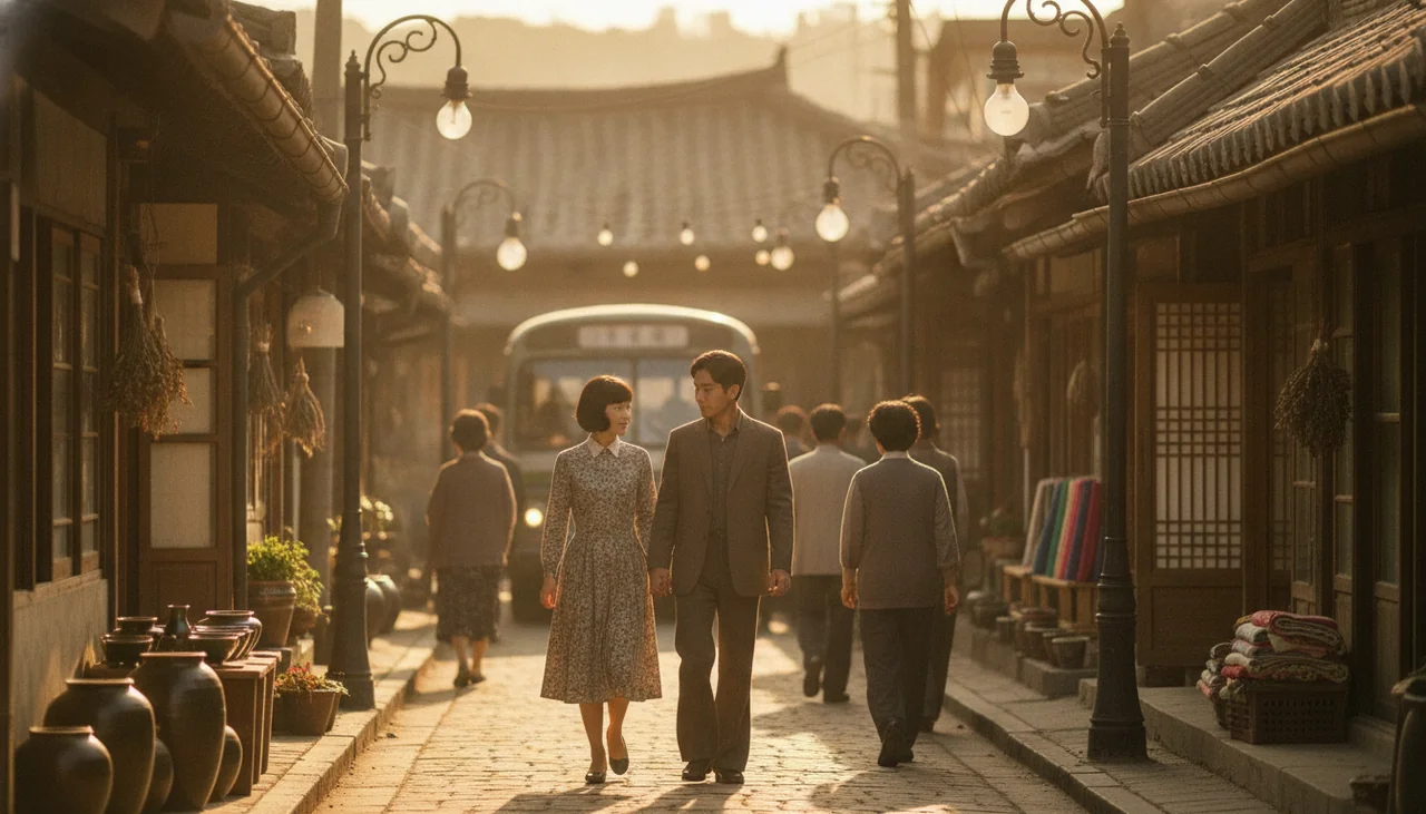 People walking in a retro  Korean street