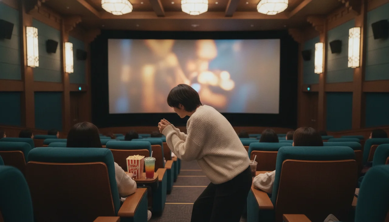 person deeply engrossed in a movie theater