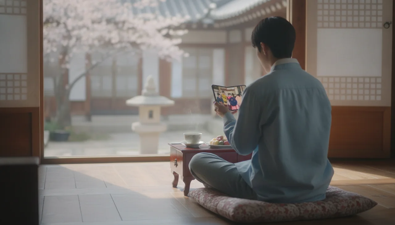 person watching K-drama on a folded phone