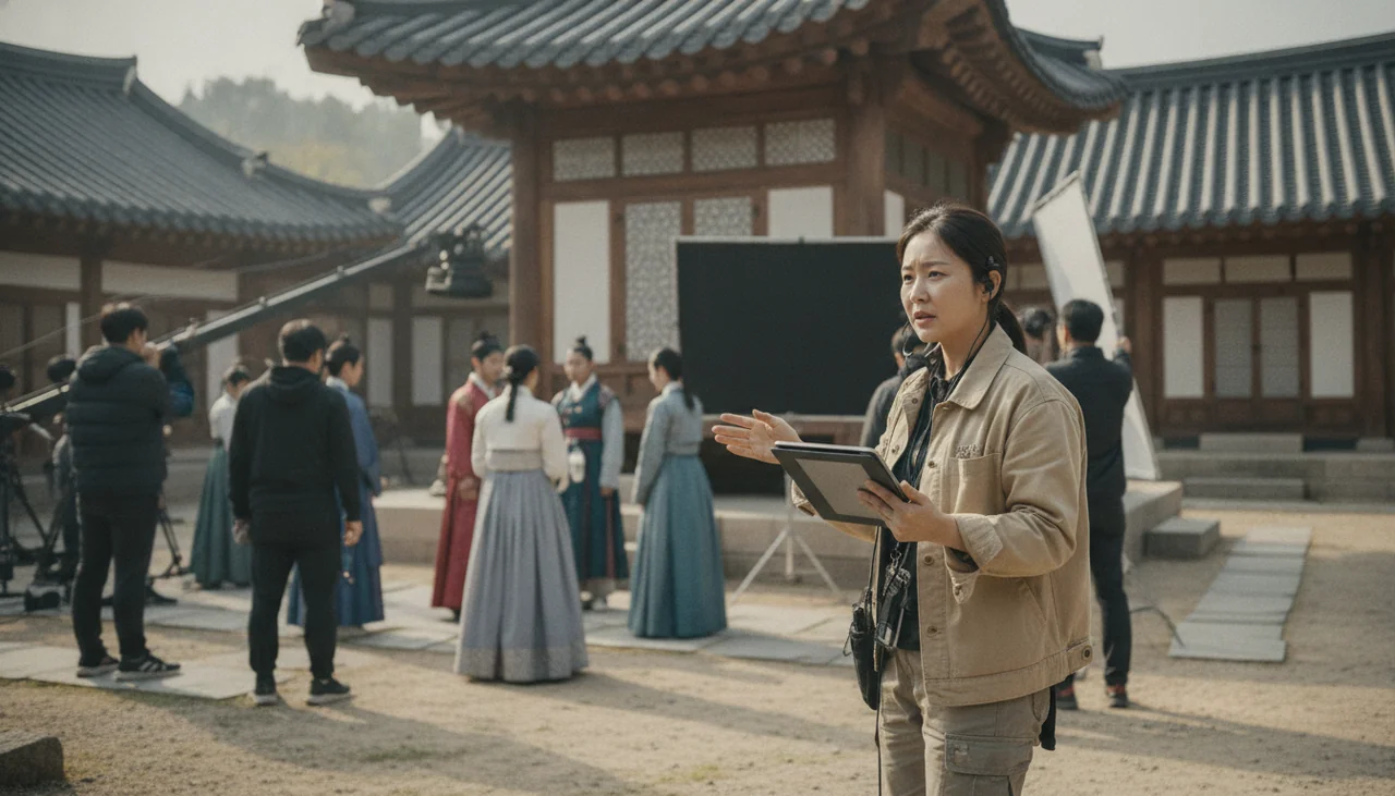 Woman producing a film on location