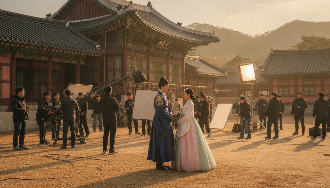 actors in historical Korean costumes on a film set