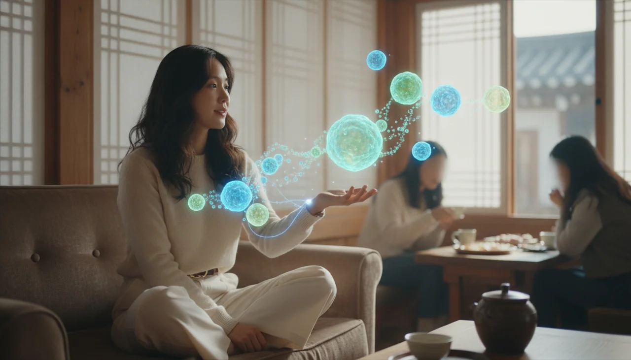 animated cells interacting with a woman