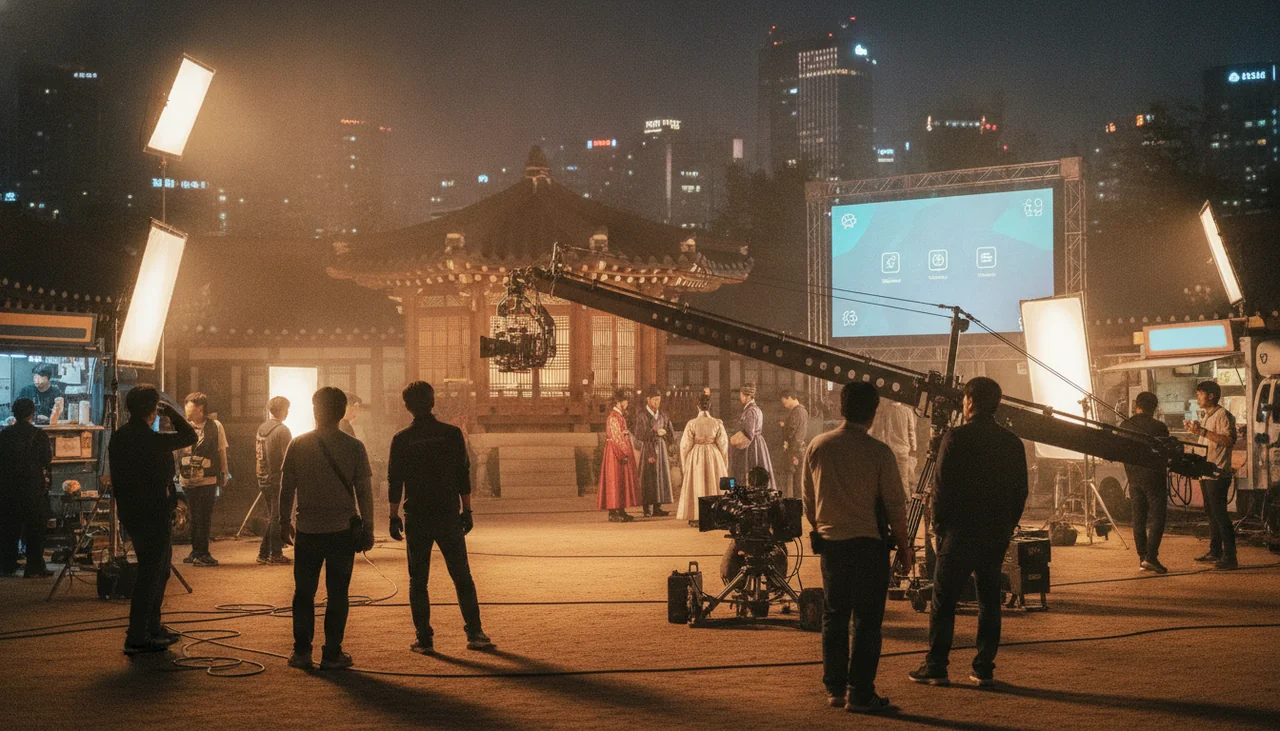 busy K-drama production set at night
