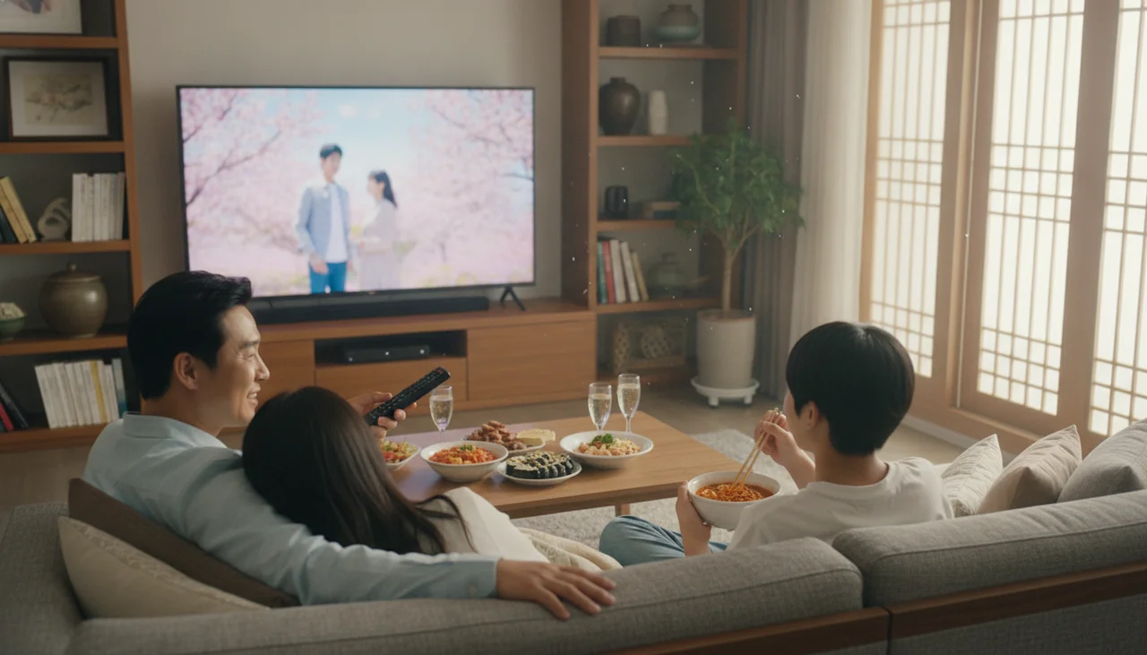 Family watching a K-drama on TV
