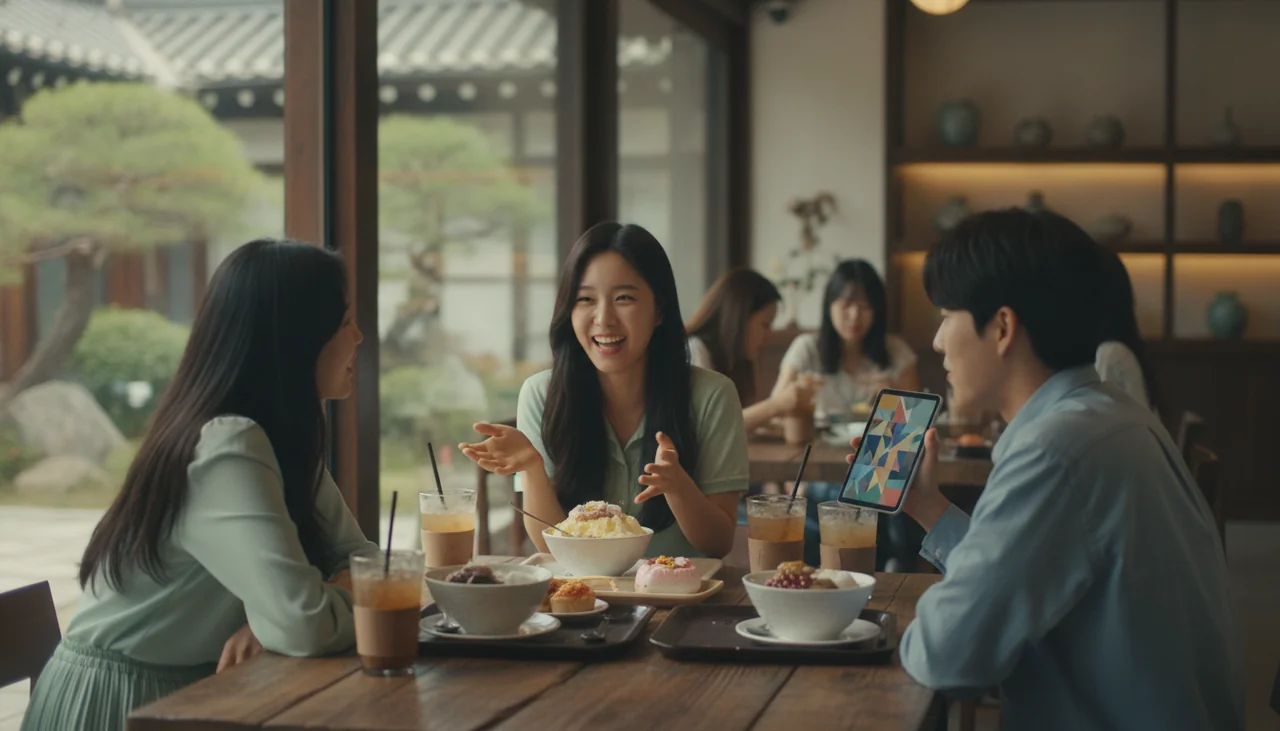 friends discussing K-dramas in a cafe