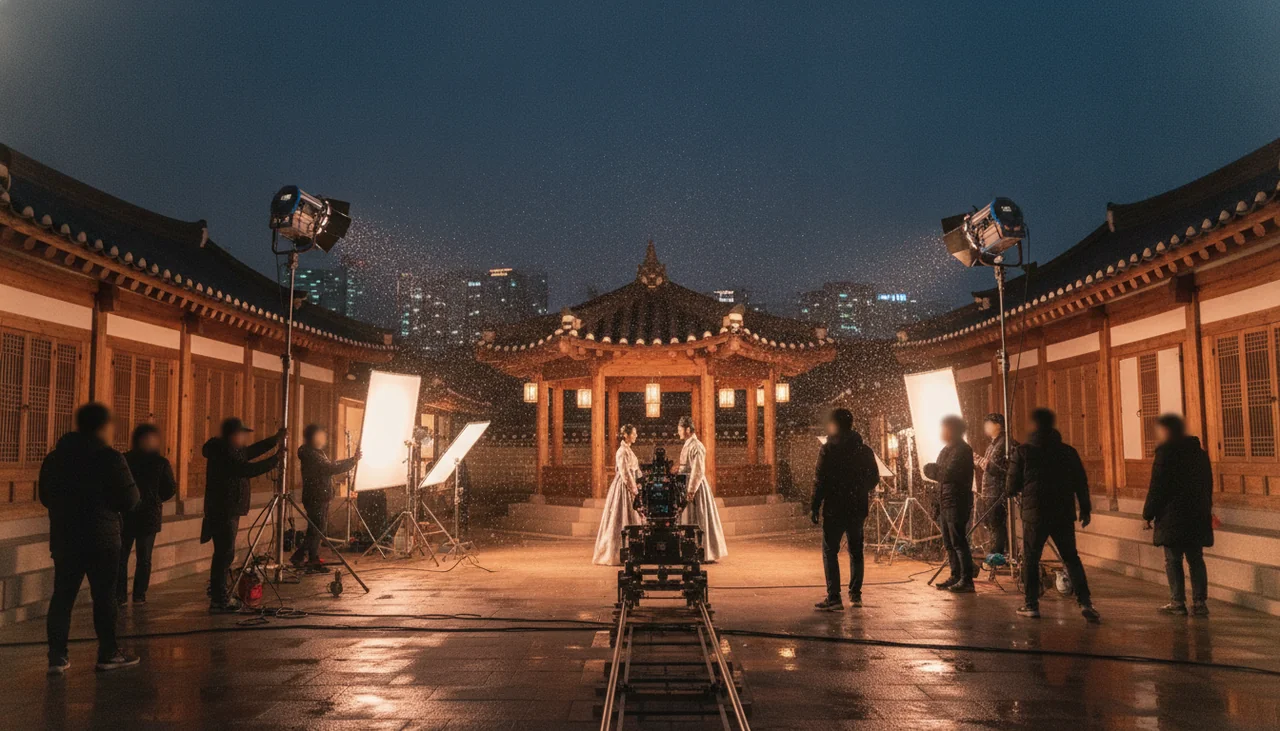 K-drama filming set at night