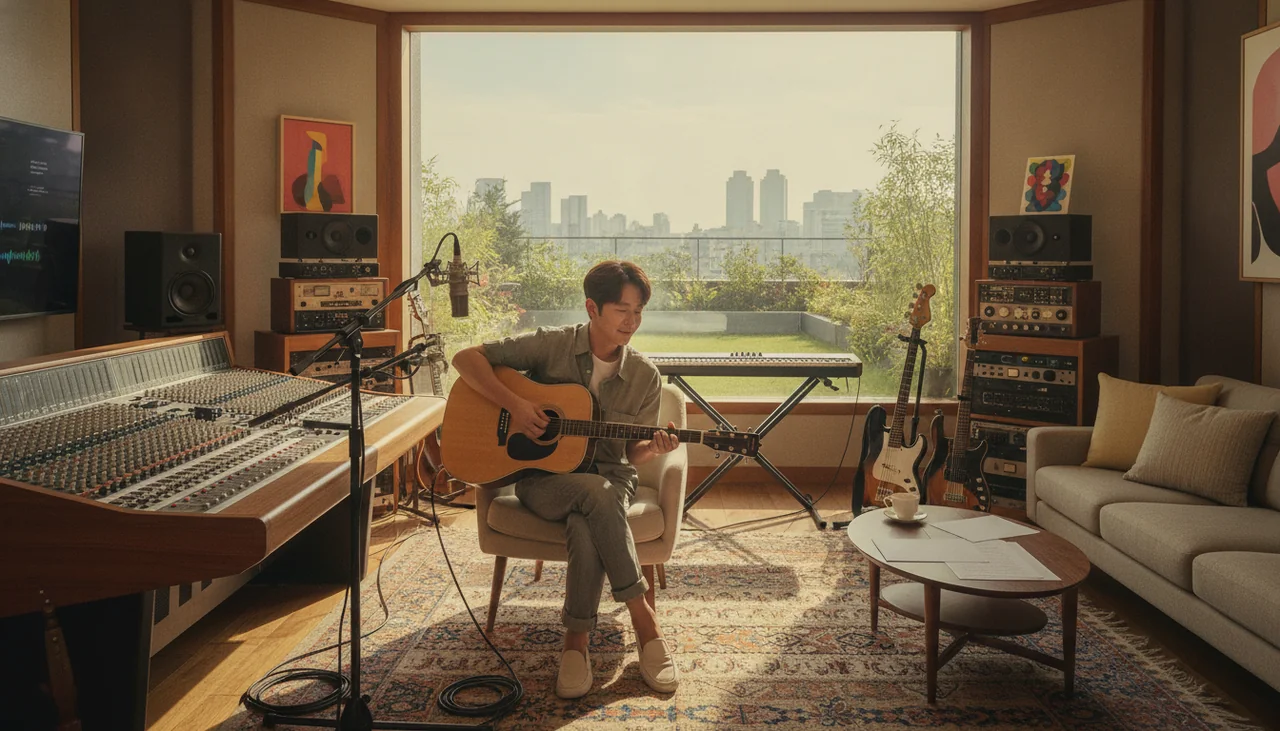 Musician playing guitar in a recording studio