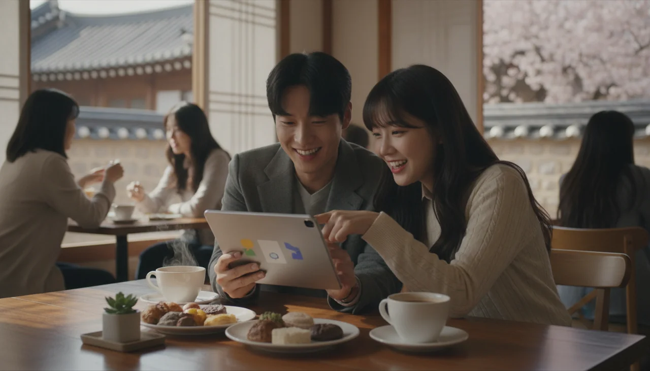 People discussing a K-drama on a tablet at a cafe