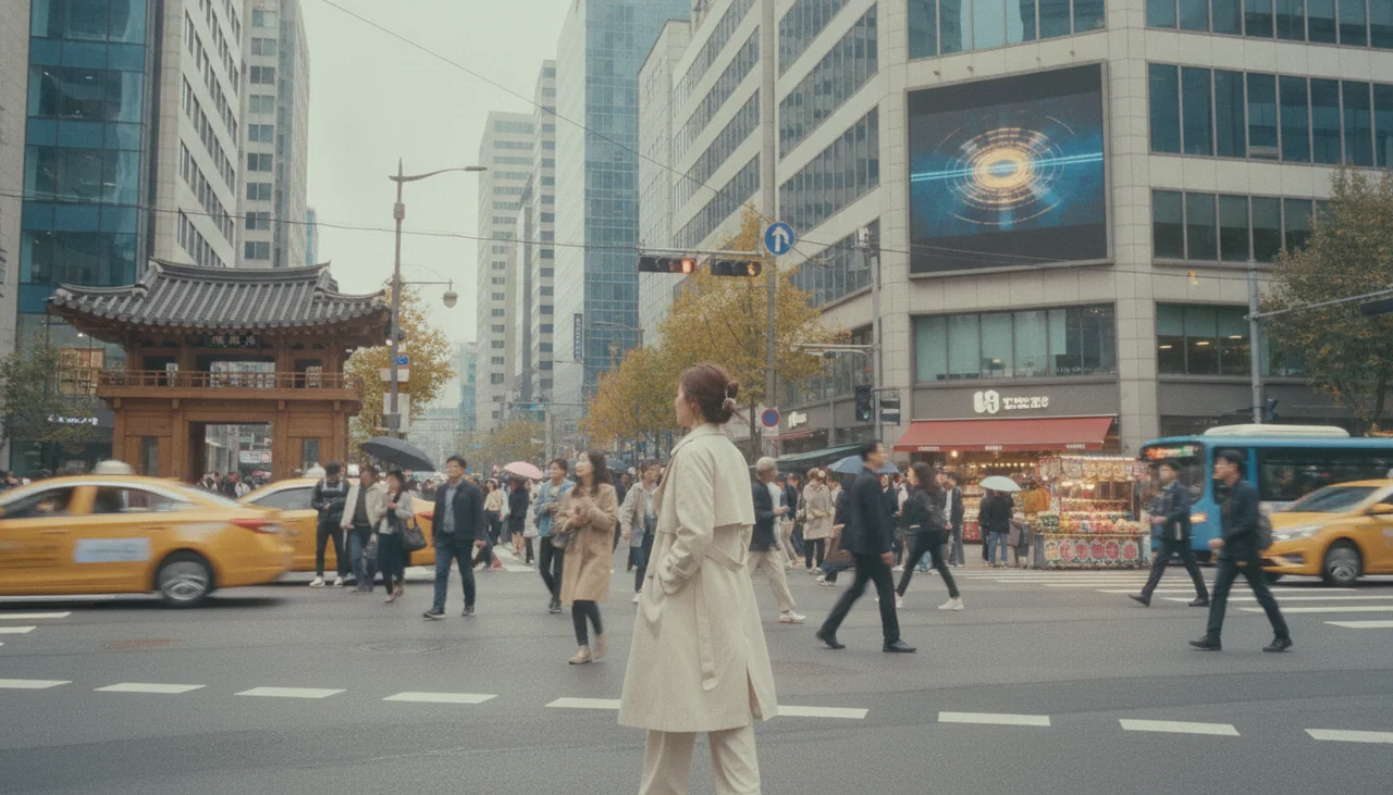 Person standing at a city crossroads