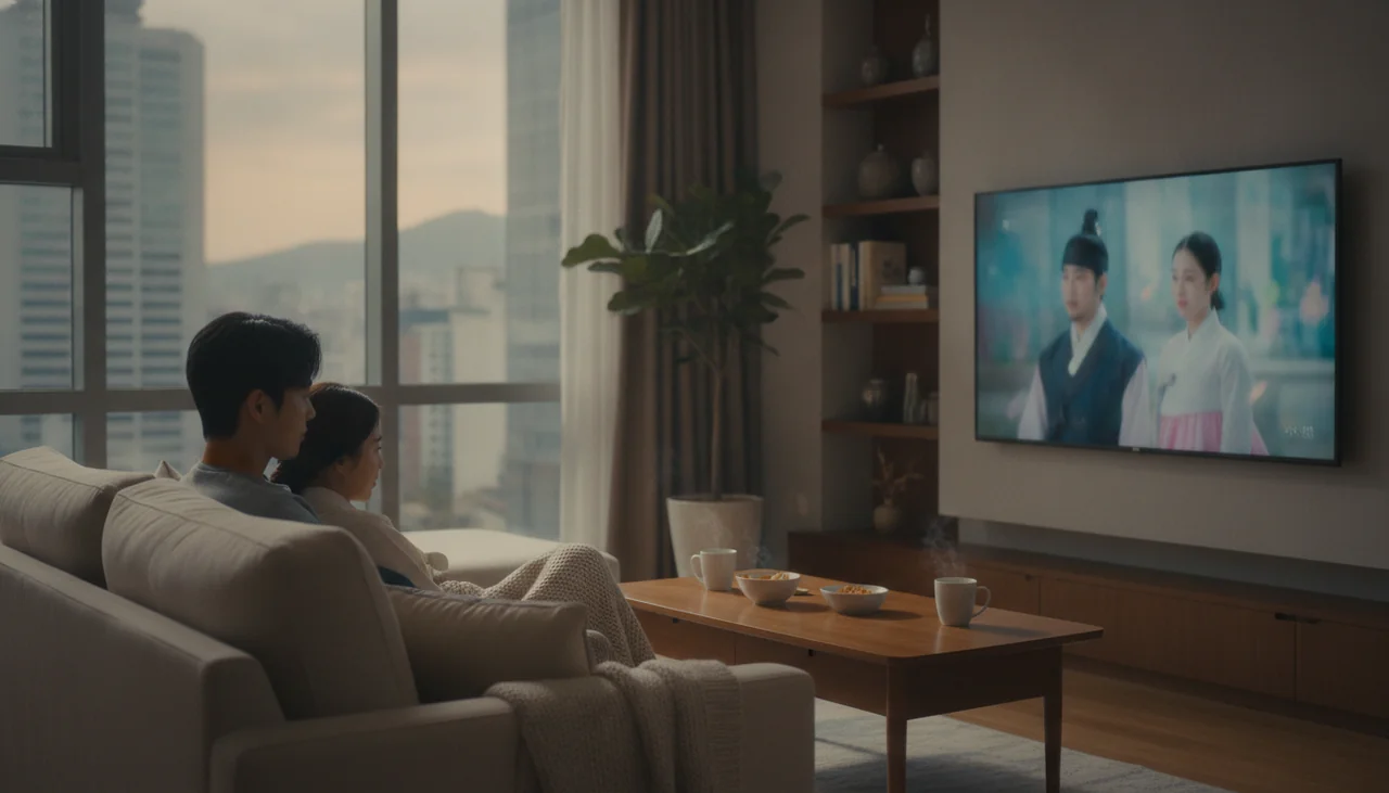 Couple watching K-drama on TV in cozy living room