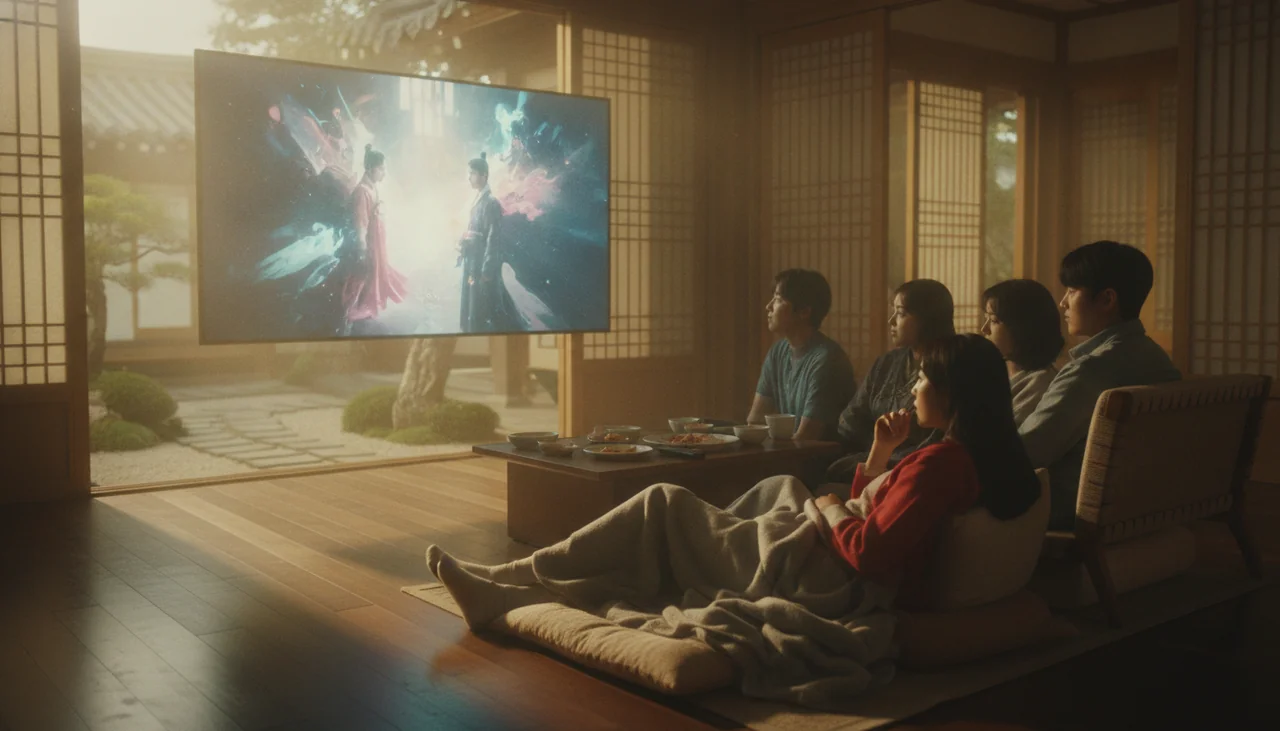 Group of friends watching Disney+ drama on a large screen